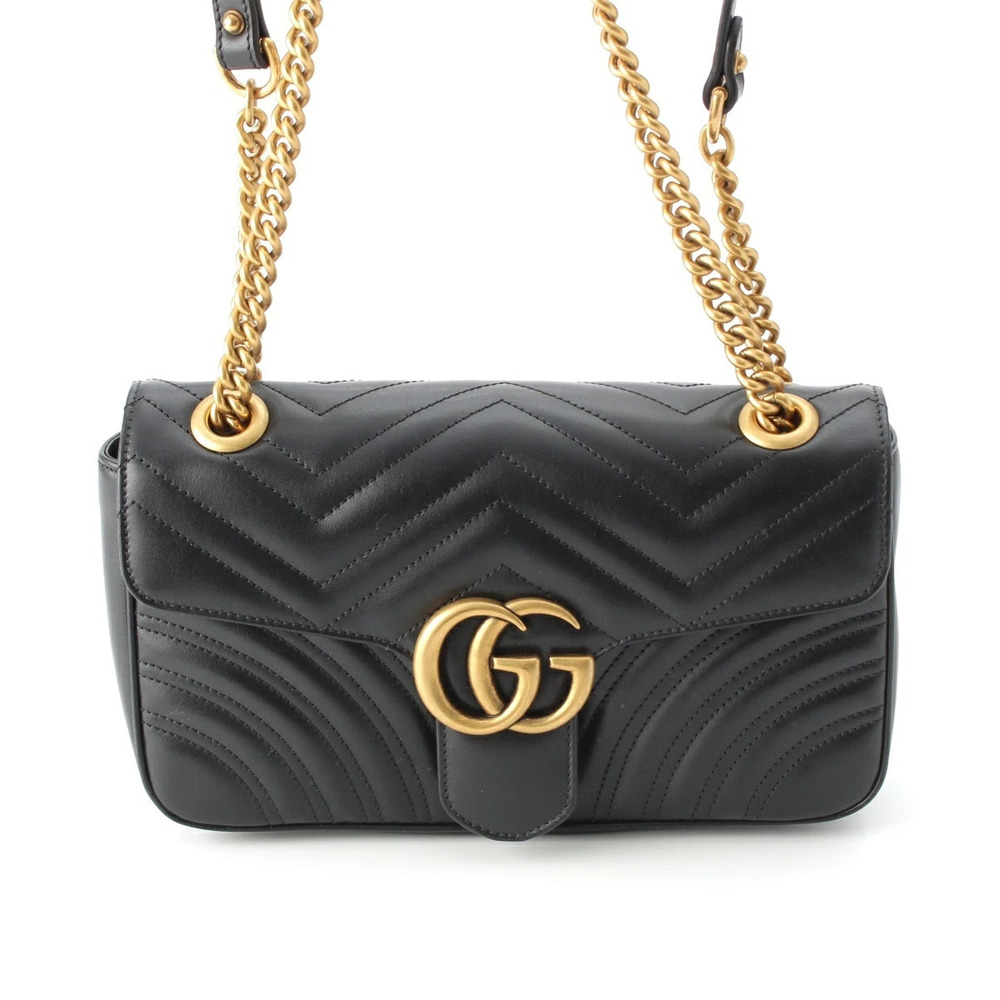 Gucci GG Marmont Leather Quilted Chain Shoulder Bag Black